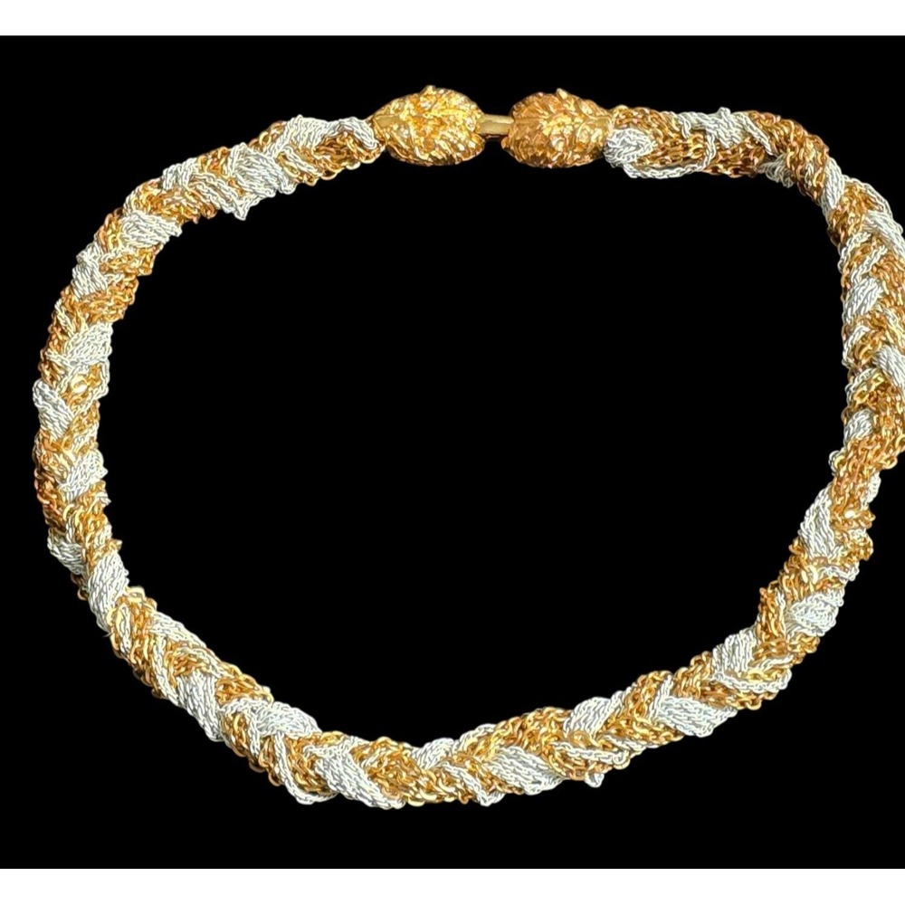Eisenberg Hedgehog Braided Chain Necklace Gold Tone White Enamel Vintage 19.5"